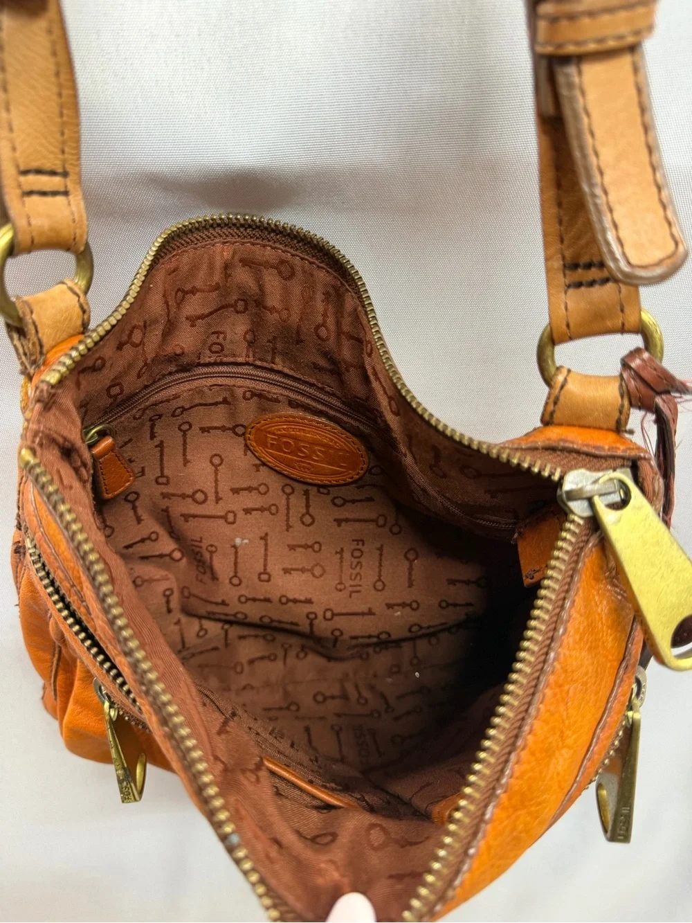 Fossil Explorer Crossbody Bag Orange Cognac Pebbled Leather Brass Vintage
